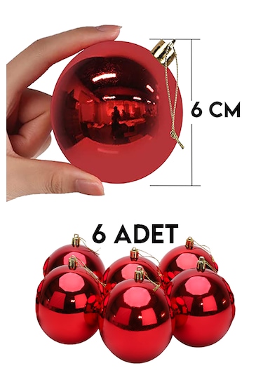 6 Adet Büyük Boy Kırmızı Yılbaşı Çam Ağaçı Süsü Cici Top Süs 6cm