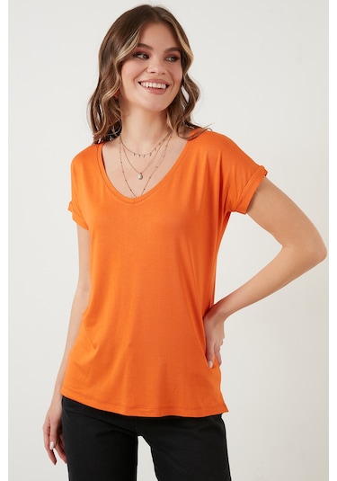 Lela V Yaka Relaxed Fit Yırtmaç Detaylı 2'Li Paket Bayan Bluz 5862000S2 Siyah-Oranj