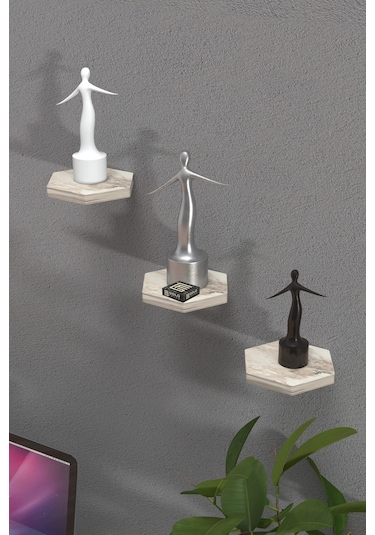 Duvar Rafı Dekoratif 3 Adet Çiçeklik Altıgen Efes