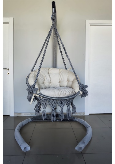 Tek Kişilik Makrome El Örgüsü Salıncak Minderli Ve Askı Demiri İle Açık Gri Mis38016grima Açık Gri