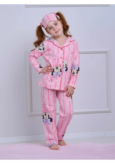 Kız Çocuk Desenli Düğmeli Uyku Bantlı Alt Üst Pijama Takım Pembe
