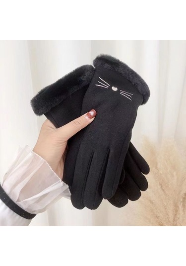 Sevimli Süet Kadın Soğuk Geçirmez Dokunmatik Ekran Eldiven Siyah