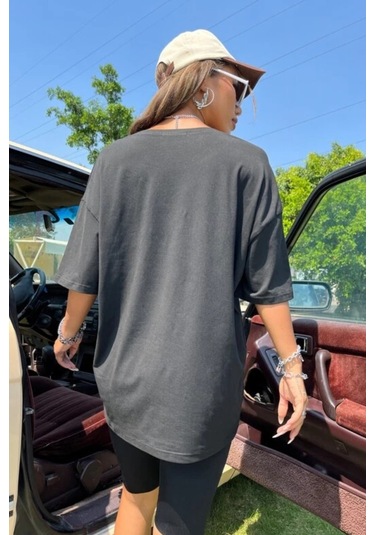 Modagen Kadın Ay Güneş Baskılı Oversize Siyah T-shirt SIYAH