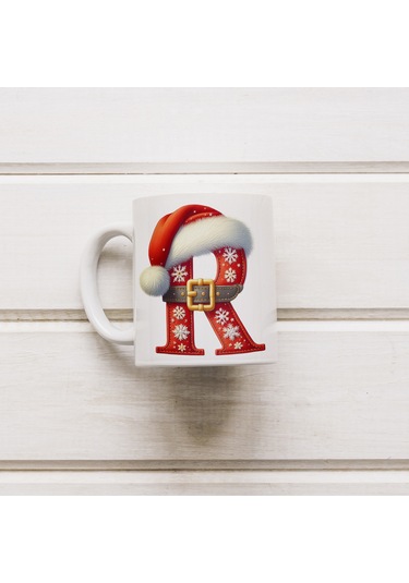 R Harfi Yılbaşı Temalı Bardak 330 Ml Harfli Kişiye Özel Hediye - Yeniyıl / Noel Şapka Tasarım Beyaz