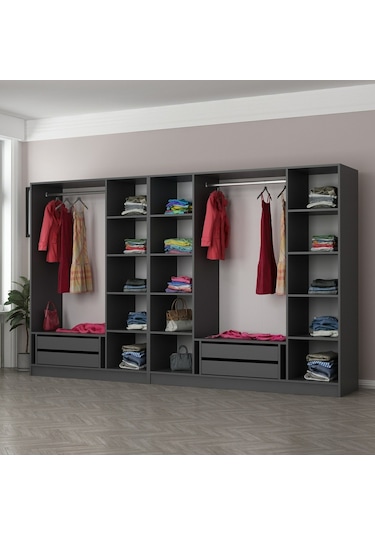 Minar Kale 7 Kapaklı 5 Aynalı 4 Çekmeceli Dolap Antrasit Dore 210cm