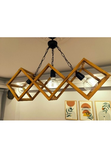 Doğal Eskitme 3'lü Ahşap Kare Çerçeveli Avize Siyah Zincir Askı