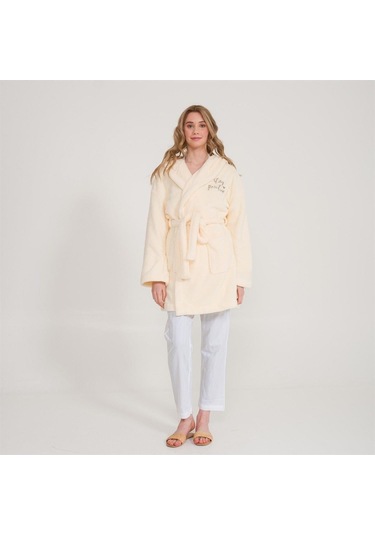 Welsoft Kapüşonlu Peluş Kadın Sabahlık Ekru