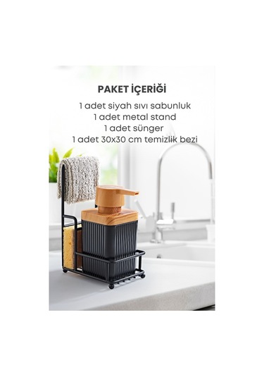 Novahub Metal Standlı Süngerli Ahşap Akrilik Bulaşık Deterja, Siyah Renkli Siyah