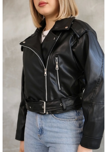 Genculus Kemerli Crop Deri Oversize Kadın Yeni Sezon Ceket Siyah