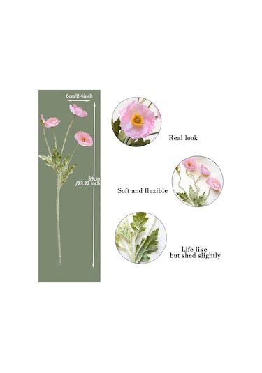 Yapay Çiçek Gelincik Çiçeği Pembe Renk 3 Çiçek 1 Tomurcuk 59cm