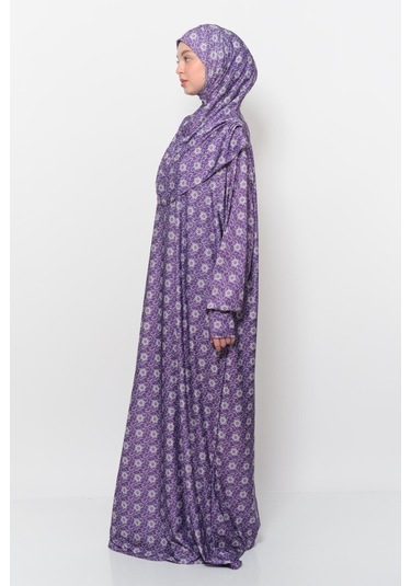 Pratik Tek Parça Güneş Desenli Kollu Tak Çıkar Başörtülü Likralı Tesettür Namaz Elbisesi 990-0302 Mor Antrasit