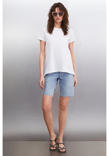 Samantha Kadın %100 Organik Pamuklu Comfort Fit Arkası Uzun Basic Örme Beyaz T-shirt