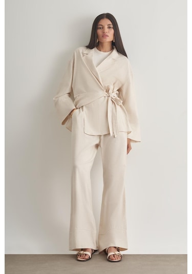 Mizalle Keten Karışımlı Anvelop Bağlı Bej Rengi Kimono Ceket Bej