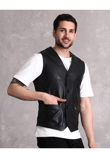 Hakiki Deri Yelek Yandan Cepli Erkek Siyah