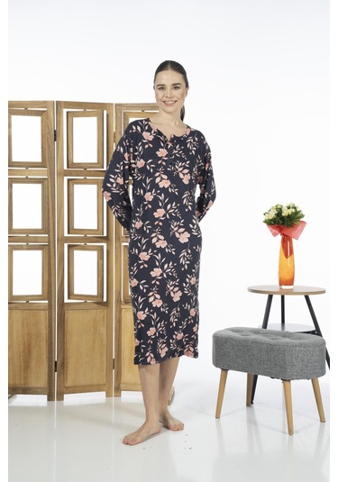 Estiva 23246-2 Üstten Düğmeli Uzun Kollu Desenli Likra Viskon Günlük Elbise 001