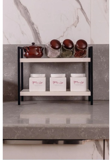 Dione Store Masaüstü Mutfak-banyo Rafı Tezgah Üstü Düzenleyici Baharatlık Raf Metal-ahşap Masa Üstü Servis Rafı Siyah