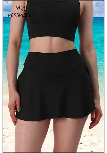 Mini Şort Etek Görünümü Etek Içi Şortlu Cepli Spor Tasarım Tenis Deniz Havuz Fitness Siyah1107 Siyah