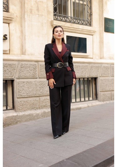 Gold Kemerli Garnili Kruvaze Takım Siyah Siyah