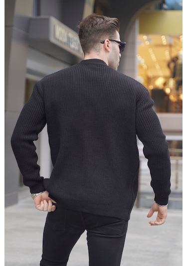 Madmext Siyah Basic Nakışlı Örgülü Hırka T6313 Siyah