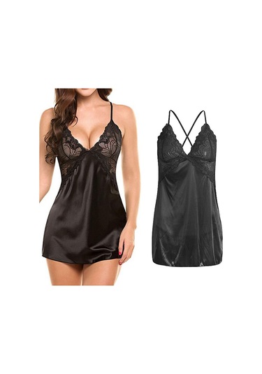 Dolıty Kadın Babydoll İç Giyim Dantel Askılı Pijama T-sırt Siyah Xl Siyah