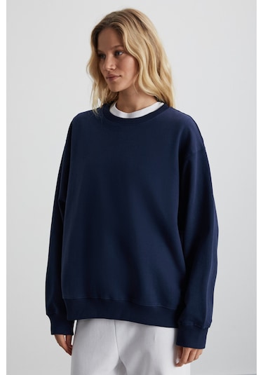 Karıus  Kadın Organik Pamuklu Içi Polarlı Oversize Yuvarlak Yakalı Lacivert Sweatshirt