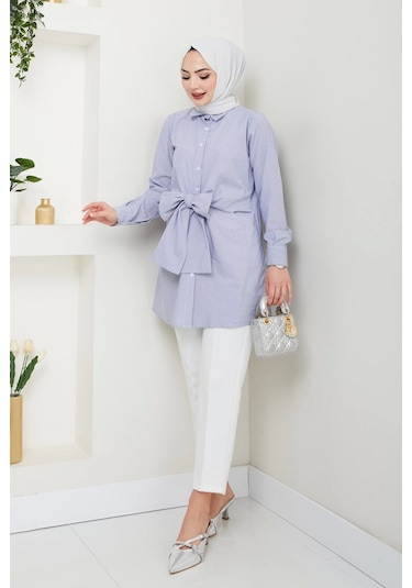 Nevayla Moda Çizgili Poplin Bağlamalı Gömlek - Lacivert / Ü103 Lacivert