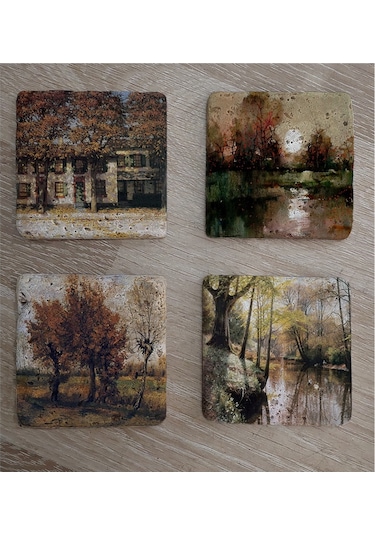 Sonbahar Ağaçlı Manzaralar Doğal Taş Bardak Altlığı 4'lü Set - Natural Stone Coasters - Taş Çok Renkli