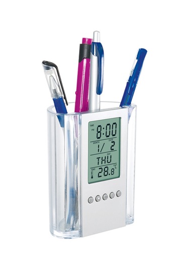 Springsun Ofis Ve Ev İçin Transparan Abs Mutfak Kalem Kutusu - Saat, Takvim, Zamanlayıcı, Termometre Ve Lcd Ekranlı Otomatik Çekmeceli Organizer Gri