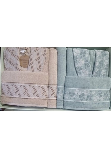 Özdilek Fiore Line Bej Yeşil Bambu Aile Bornoz Seti Bej - Yeşil