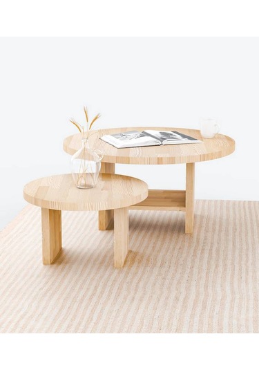 Masif Ağaç Yuvarlak Orta Sehpa Büyük Ve Küçük Set Naturel