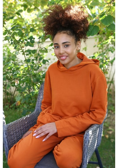 Akbeniz Kadın Pamuk Kapşonlu Cepli 3 İplik Kiremit Eşofman Takım 9037-kiremit Kiremit