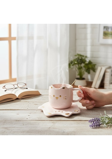 Tatlı Kedi Tasarımlı Kupa Bardak Pembe