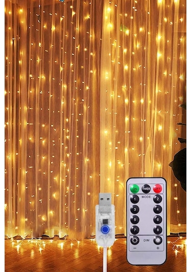 Perde Led- 3x3 Metre - 8 Fonksiyonlu - Usb + Adaptör - Kancalı Sarı