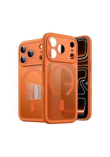 İphone Uyumlu 17 Pro Max Kılıf Mat Magsafe Şarj Özellikli Hassas Buton Yumuşak Turuncu Kenar Turuncu