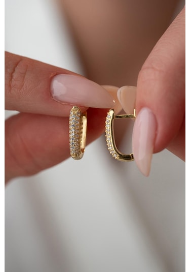 925 Ayar Gümüş Gold Kaplama U Şeklinde Zirkon Taşlı Küpe Gold