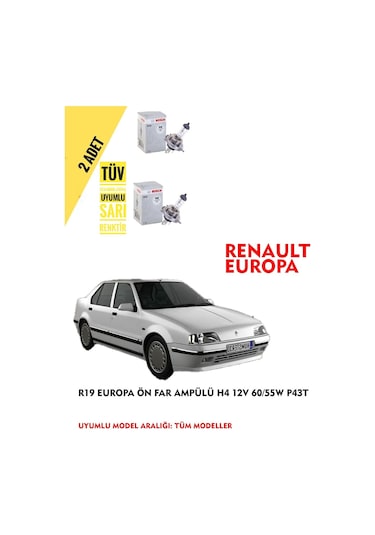 Renault 19 Europa Ön Far Ampül Takımı 2 Adet Sağ Sol