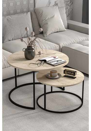 Orta Sehpa Bade İkili Lüx Yan Sehpa Masa Traverten Bej