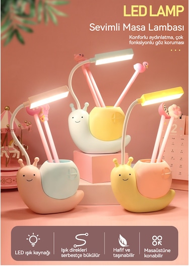 Karikatür Şarj Edilebilir Led Göz Koruma Masa Lambası - Pembe