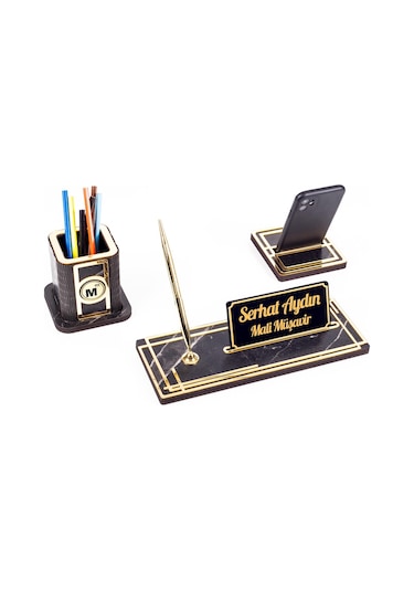 Space Mali Müşavire Özel Kalemlikli Ahşap Masa Seti Mermer Desenli Hediye Ofis Dekoratif Masa Üstü İsimlik