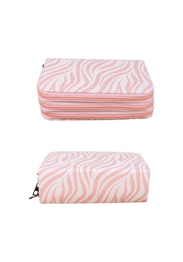Kalem Kutusu Zebra Desen Pembe Orginazer Vegan Deri Üç Bölmeli K