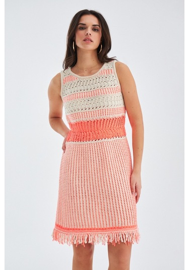 Peraluna Kiyo Dress Kolsuz Pamuklu Diz Hizası Yazlık Kadın Elbise Bej- Neon Turuncu