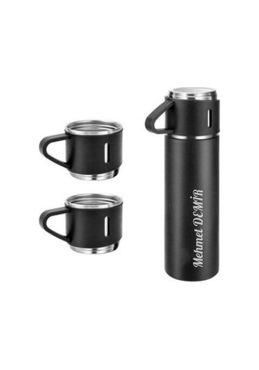 İsime Kişiye Özel Hediye 3 Bardaklı Paslanmaz Çelik Vakumlu Kahve Sıcak Soğuk Kamp Termos Seti Siyah Gri
