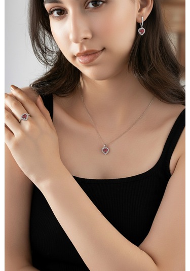 925 Ayar Lal Taşlı Rodyum Pırlanta Işıltılı Kalp 3'lü Gümüş Set-takım Ayarlanabilir Gümüş