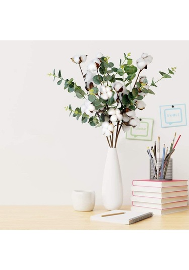 4 Adet Okaliptuslu Doğal Pamuk Çiçeği Dalı 5Li Kuru Çiçek Yapay Ç