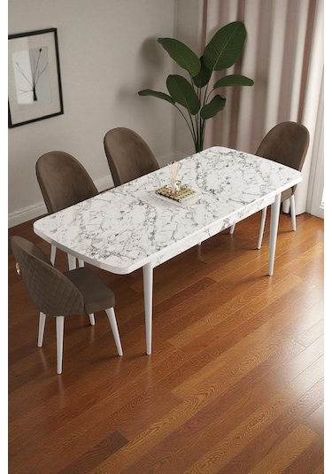 Mura Beyaz Mermer 80x132 Açılabilir Mdf Masa Yemek Odası Takımı, Mutfak Takımı 4 Adet Sandalye Kahverengi