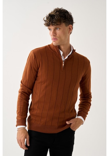 Dikey Dokuma Desenli Fermuarlı Triko Kazak Kiremit