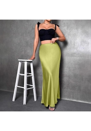 Kadın Balık Kuyruğu Etek Yüksek Bel Düz Renk Pürüzsüz Yüzey A Kesim Uzun Etek Siyah