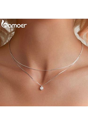 Bamoer 925 Ayar Gümüş Parlayan Zirkon Kolye Kolye Çift Katmanlı Boyun Zinciri Kadınlar İçin Nişan Düğün Güzel Takı Gümüş