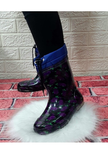 Çağrı Mor Çiçekli Siyah İçi Yünlü Kar Yağmur Çizmesi 001