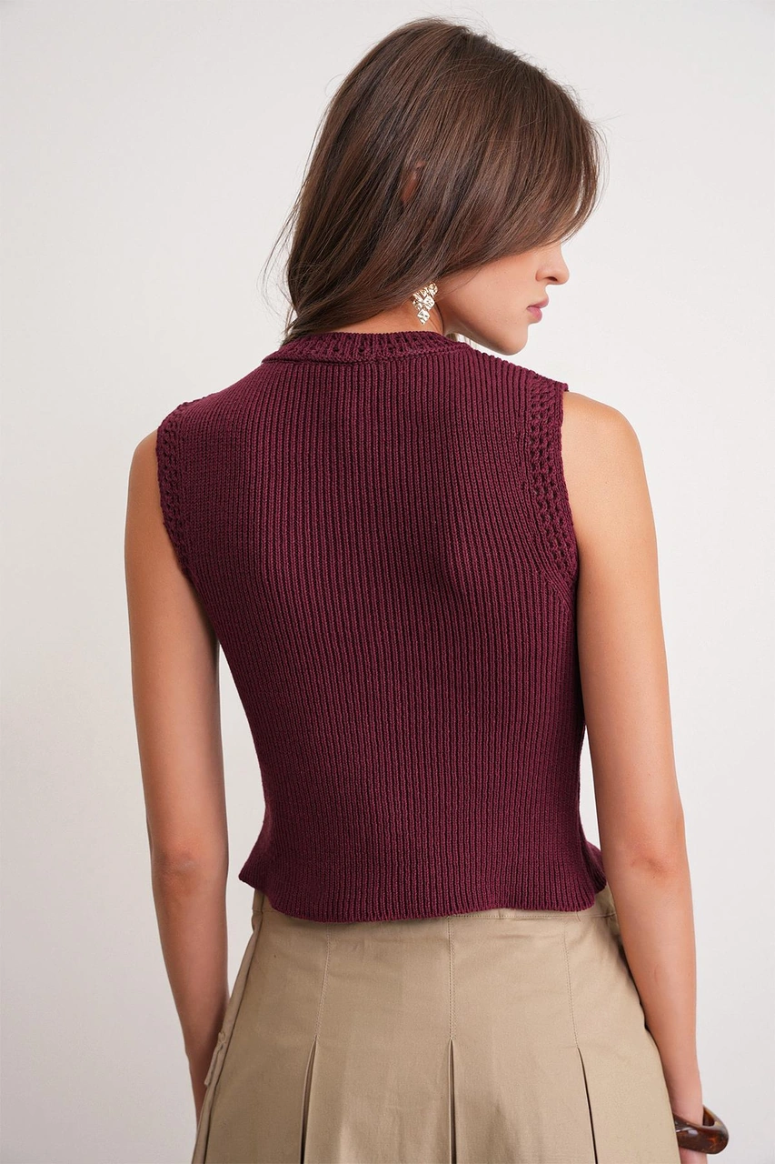 6962 Kadın Gold Düğmeli Triko Yelek Bordo Bordo